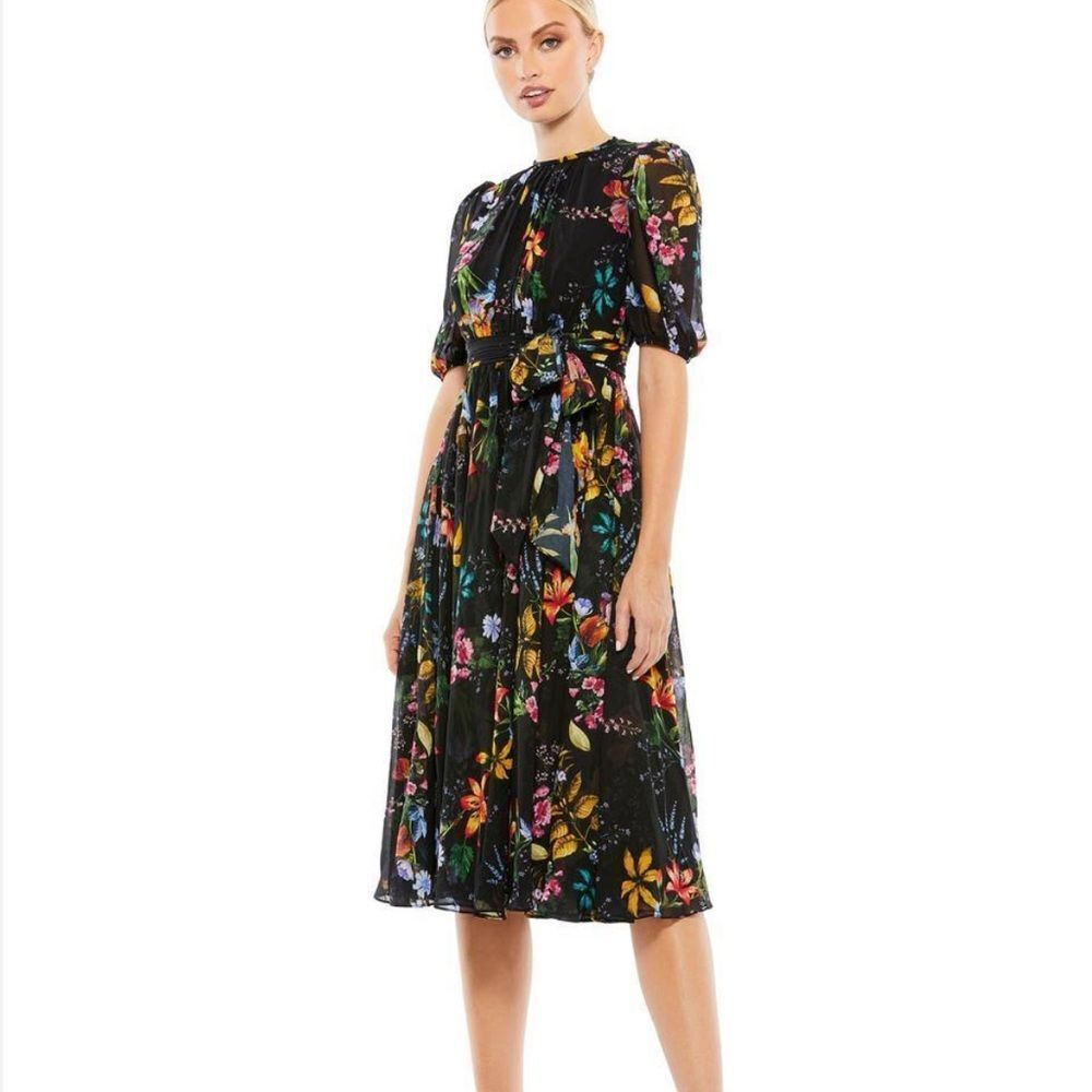 Mac Duggal Black Floral Midi Dress